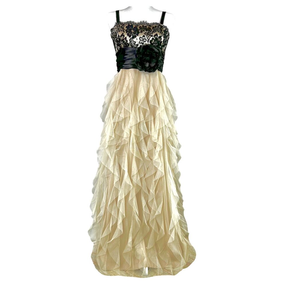 Romantic Goth Evening Empire Gown Black Lace Tiered Tulle Rosette Formal 5/6 - Picture 2 of 14